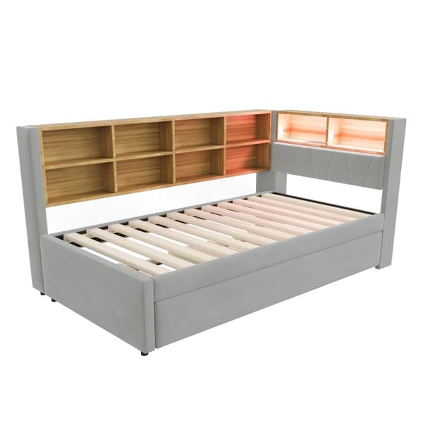 Sovesofa 90x200 - med udtræksseng 90x190 cm - med USB-tilslutning - masser af opbevaringsplads - polstret seng - lysegrå (uden madras)