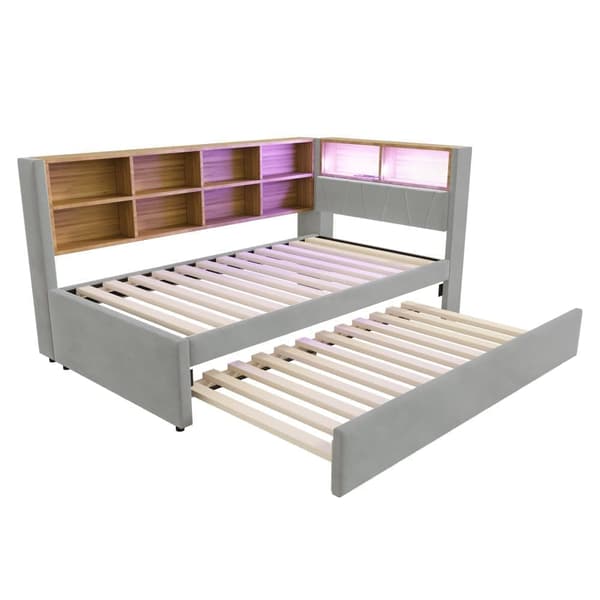 Sovesofa 90x200 - med udtræksseng 90x190 cm - med USB-tilslutning - masser af opbevaringsplads - polstret seng - lysegrå (uden madras)