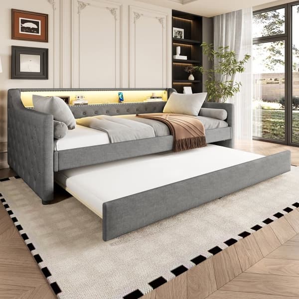 Sovesofa 90x200 cm - med LED-belysning - med udtræksseng - med USB - linned - med lamelramme - grå