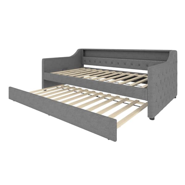 Sovesofa 90x200 cm - med LED-belysning - med udtræksseng - med USB - linned - med lamelramme - grå
