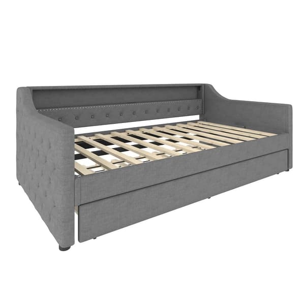 Sovesofa 90x200 cm - med LED-belysning - med udtræksseng - med USB - linned - med lamelramme - grå