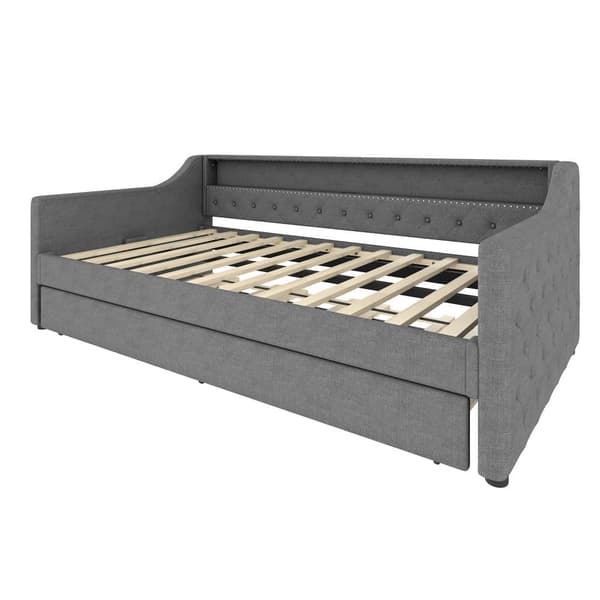 Sovesofa 90x200 cm - med LED-belysning - med udtræksseng - med USB - linned - med lamelramme - grå