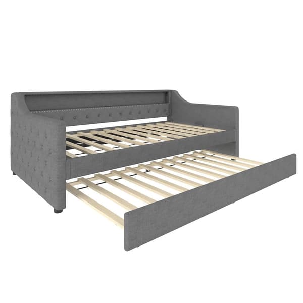 Sovesofa 90x200 cm - med LED-belysning - med udtræksseng - med USB - linned - med lamelramme - grå