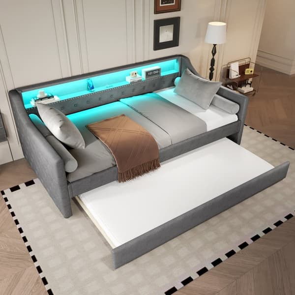 Sovesofa 90x200 cm - med LED-belysning - med udtræksseng - med USB - linned - med lamelramme - grå