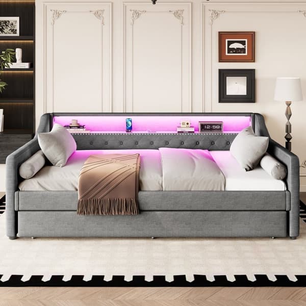 Sovesofa 90x200 cm - med LED-belysning - med udtræksseng - med USB - linned - med lamelramme - grå