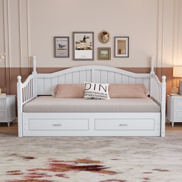 Sammenklappelig sovesofa i massivt træ 90/180x200 cm med skuffer og romerske søjler - hvid