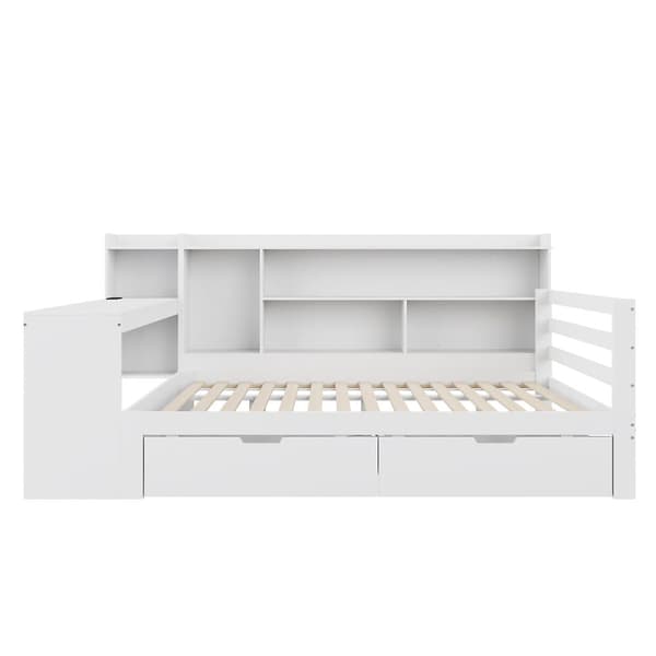 Sovesofa i massivt træ 140x200cm - med skrivebord - reol + hylde - med stikkontakt - med 2 store skuffer - hvid (uden madras)