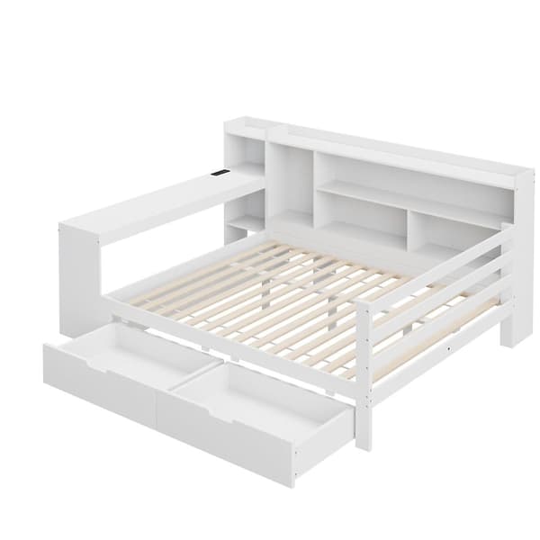 Sovesofa i massivt træ 140x200cm - med skrivebord - reol + hylde - med stikkontakt - med 2 store skuffer - hvid (uden madras)