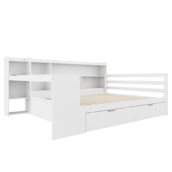 Sovesofa i massivt træ 140x200cm - med skrivebord - reol + hylde - med stikkontakt - med 2 store skuffer - hvid (uden madras)