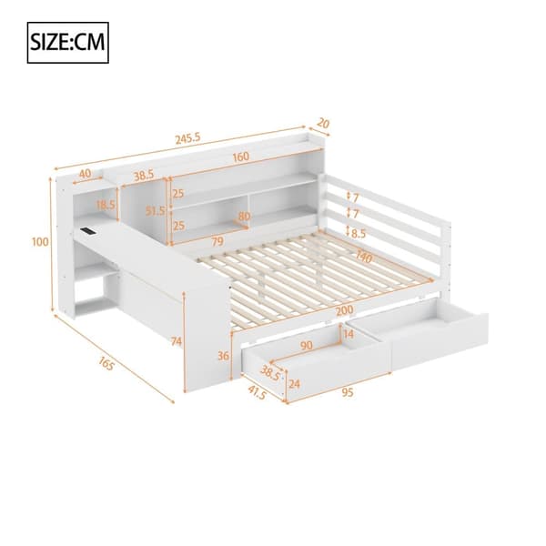 Sovesofa i massivt træ 140x200cm - med skrivebord - reol + hylde - med stikkontakt - med 2 store skuffer - hvid (uden madras)