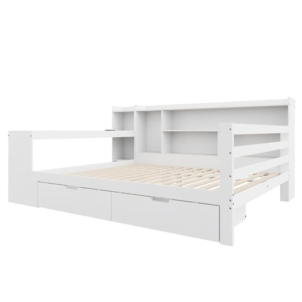 Sovesofa i massivt træ 140x200cm - med skrivebord - reol + hylde - med stikkontakt - med 2 store skuffer - hvid (uden madras)