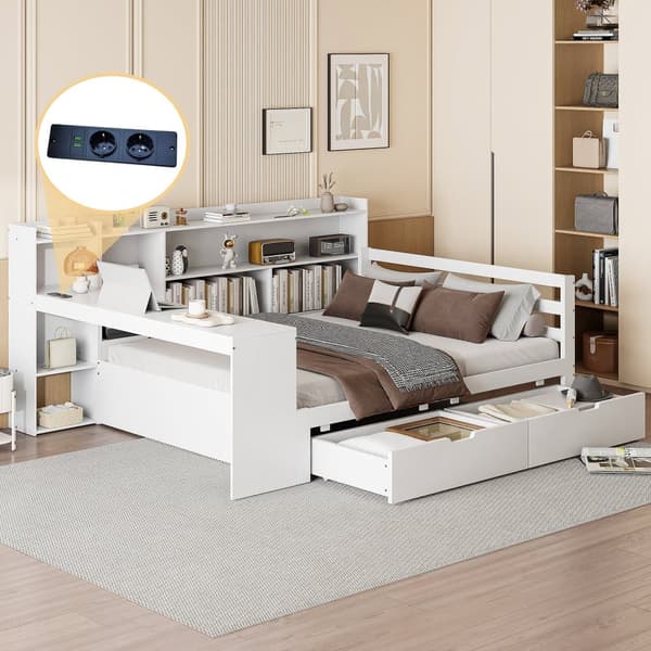 Sovesofa i massivt træ 140x200cm - med skrivebord - reol + hylde - med stikkontakt - med 2 store skuffer - hvid (uden madras)