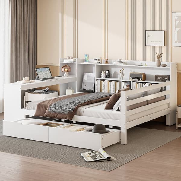 Sovesofa i massivt træ 140x200cm - med skrivebord - reol + hylde - med stikkontakt - med 2 store skuffer - hvid (uden madras)