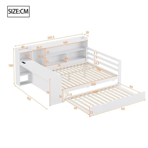 Sovesofa i massivt træ 140x200cm - med skrivebord + reol - opbevaringsrum + hylder - med stikkontakt - med udtræksseng - hvid