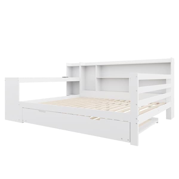 Sovesofa i massivt træ 140x200cm - med skrivebord + reol - opbevaringsrum + hylder - med stikkontakt - med udtræksseng - hvid