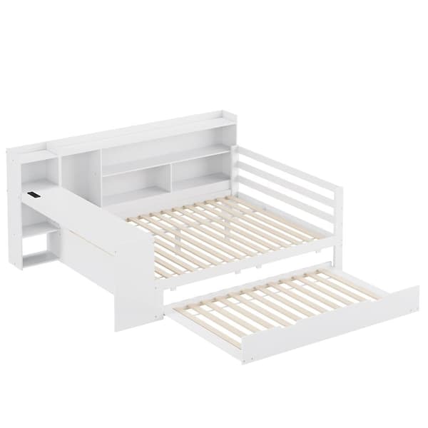 Sovesofa i massivt træ 140x200cm - med skrivebord + reol - opbevaringsrum + hylder - med stikkontakt - med udtræksseng - hvid