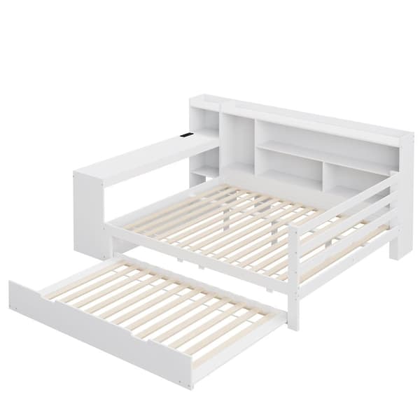 Sovesofa i massivt træ 140x200cm - med skrivebord + reol - opbevaringsrum + hylder - med stikkontakt - med udtræksseng - hvid