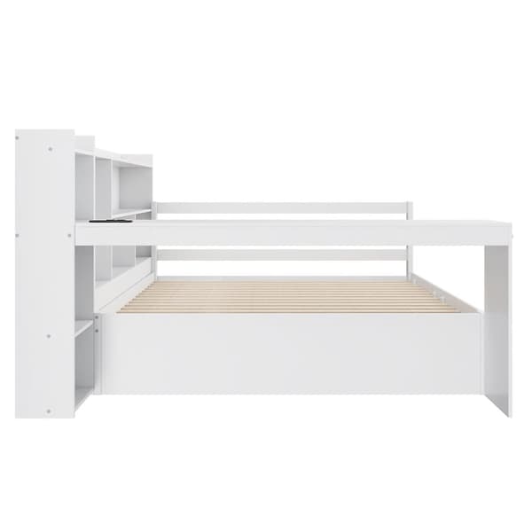 Sovesofa i massivt træ 140x200cm - med skrivebord + reol - opbevaringsrum + hylder - med stikkontakt - med udtræksseng - hvid