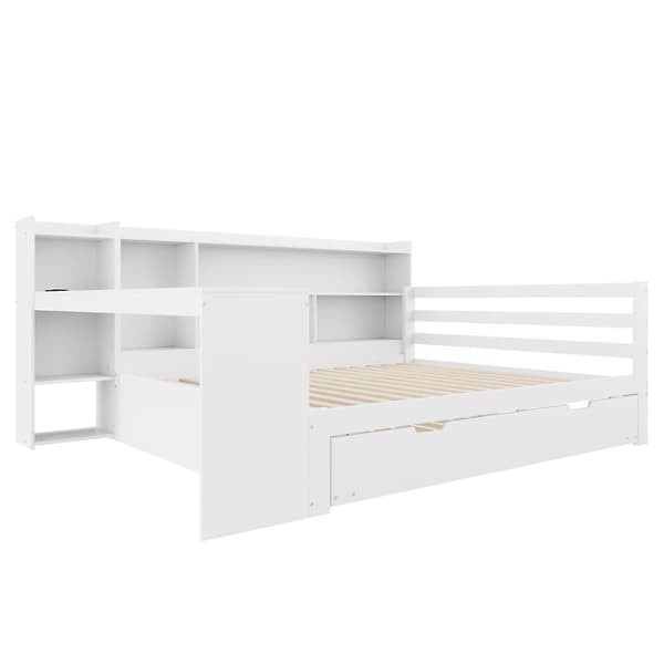 Sovesofa i massivt træ 140x200cm - med skrivebord + reol - opbevaringsrum + hylder - med stikkontakt - med udtræksseng - hvid