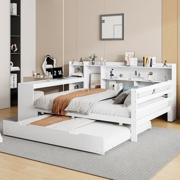 Sovesofa i massivt træ 140x200cm - med skrivebord + reol - opbevaringsrum + hylder - med stikkontakt - med udtræksseng - hvid