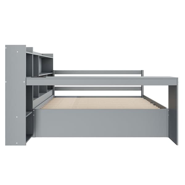 Sovesofa i massivt træ 140x200cm - med skrivebord + reol - opbevaringsrum + hylder - med stikkontakt - med udtræksseng - hvid