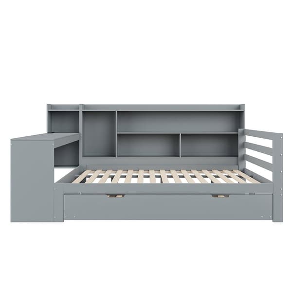 Sovesofa i massivt træ 140x200cm - med skrivebord + reol - opbevaringsrum + hylder - med stikkontakt - med udtræksseng - hvid