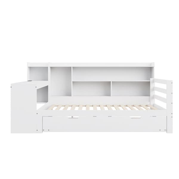 Sovesofa i massivt træ 90x200cm - med skrivebord + hylde - opbevaringsrum + hylder - med stikkontakt - med udtræksseng - hvid