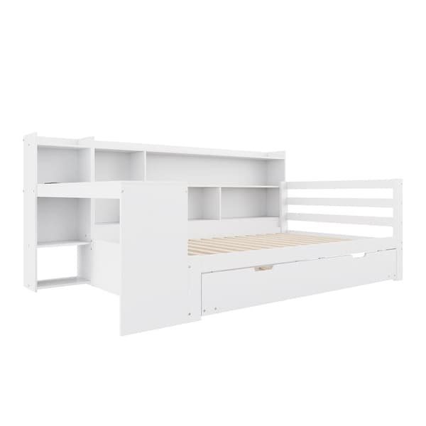Sovesofa i massivt træ 90x200cm - med skrivebord + hylde - opbevaringsrum + hylder - med stikkontakt - med udtræksseng - hvid