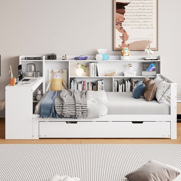 Sovesofa i massivt træ 90x200cm - med skrivebord + hylde - opbevaringsrum + hylder - med stikkontakt - med udtræksseng - hvid