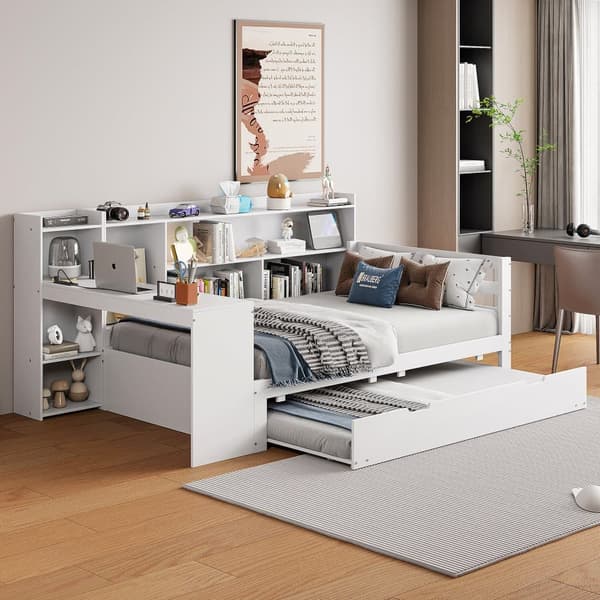 Sovesofa i massivt træ 90x200cm - med skrivebord + hylde - opbevaringsrum + hylder - med stikkontakt - med udtræksseng - hvid