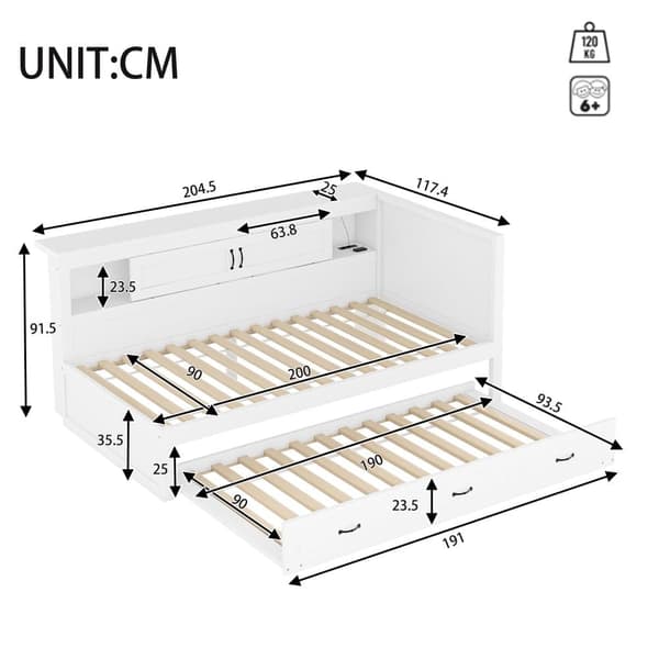 90x200cm Daybed med LED og fatning - med en 90x190cm udtræksseng - hvid