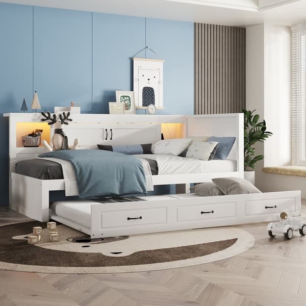 90x200cm Daybed med LED og fatning - med en 90x190cm udtræksseng - hvid