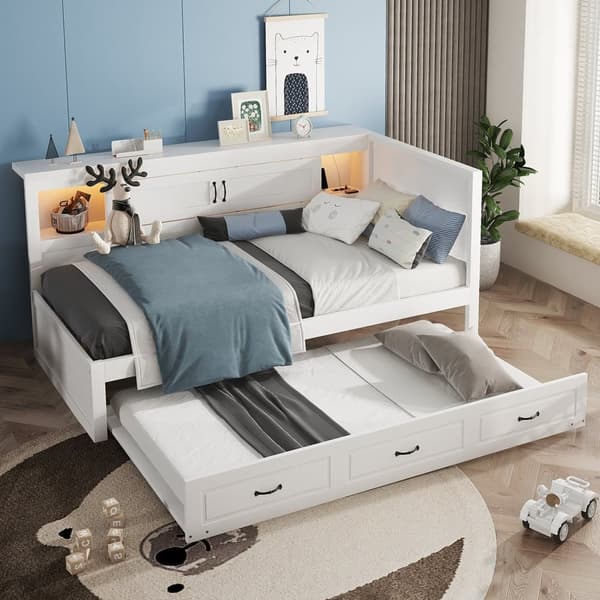 90x200cm Daybed med LED og fatning - med en 90x190cm udtræksseng - hvid