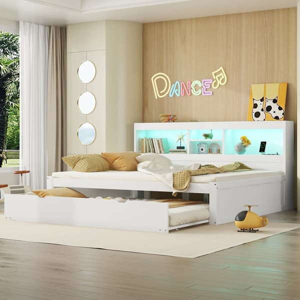 140x200cm Daybed med en 90x190cm udtræksseng - Sengeskab med opbevaringsrum, LED og fatning - Hvid