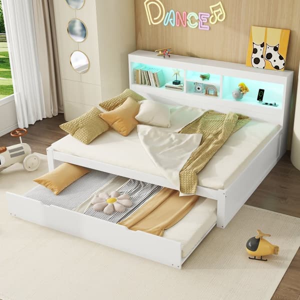 140x200cm Daybed med en 90x190cm udtræksseng - Sengeskab med opbevaringsrum, LED og fatning - Hvid