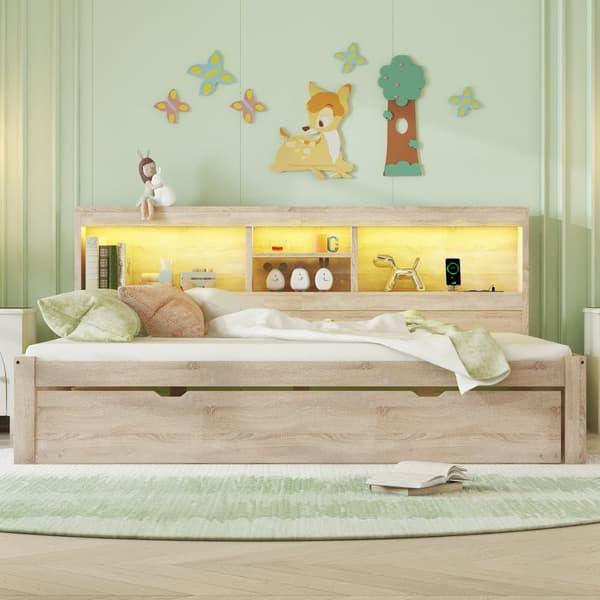 140x200cm daybed med en 90x190cm udtræksseng - Opbevaring sengebord med LED og fatning - Natruel
