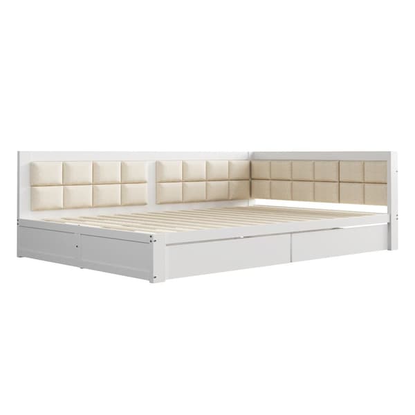 Polstret sovesofa 140x200cm - med 2 skuffer og lamelramme - hvid