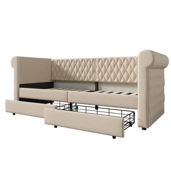 Daybed med 2 skuffer i hørstof - 90 x 200 cm - med lamelramme - Beige
