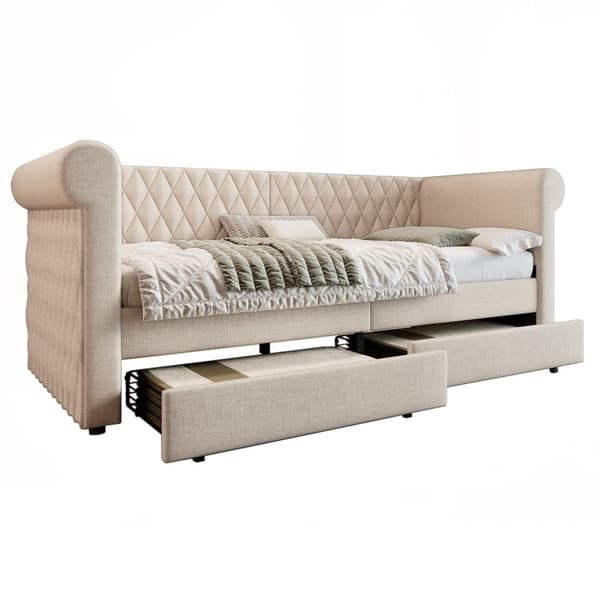 Daybed med 2 skuffer i hørstof - 90 x 200 cm - med lamelramme - Beige