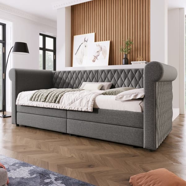 Dagbädd med 2 lådor i linnetyg - 90 x 200 cm - med lamellram - grå