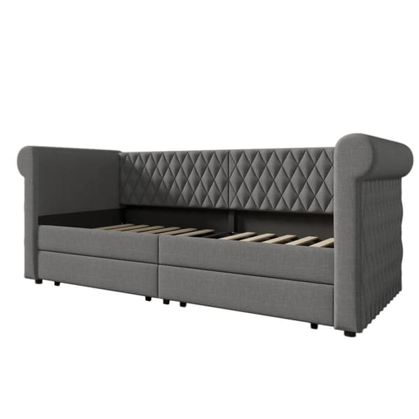 Dagbädd med 2 lådor i linnetyg - 90 x 200 cm - med lamellram - grå