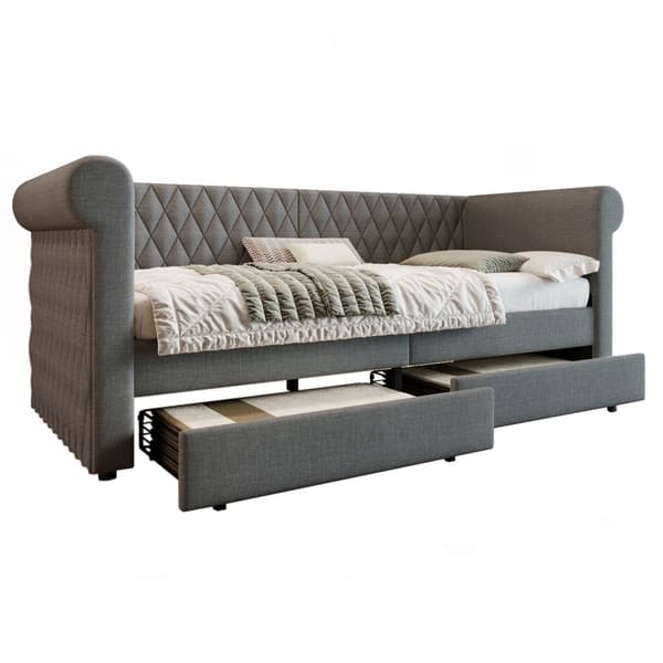 Dagbädd med 2 lådor i linnetyg - 90 x 200 cm - med lamellram - grå