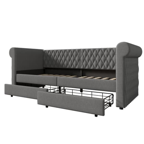 Dagbädd med 2 lådor i linnetyg - 90 x 200 cm - med lamellram - grå
