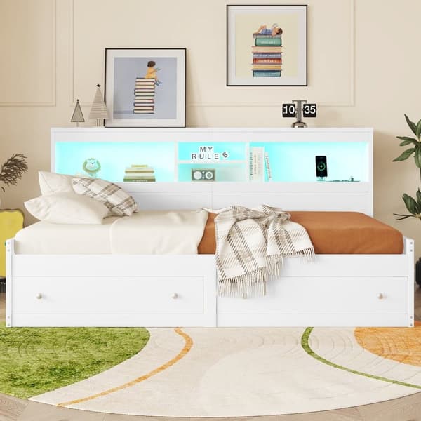 Sohvasänky 90 x 200 cm - USB-liitännällä ja 2 laatikolla - sälerunko - valkoinen