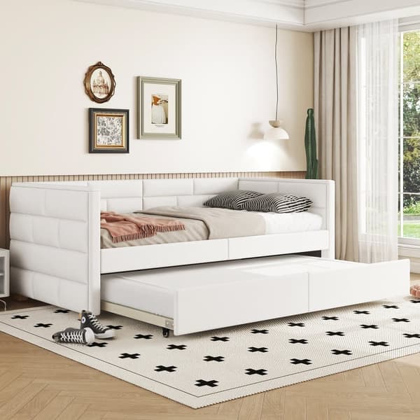 Bankettsäng med utdragbar säng 90x190/200cm - tillverkad av linnetyg - Beige