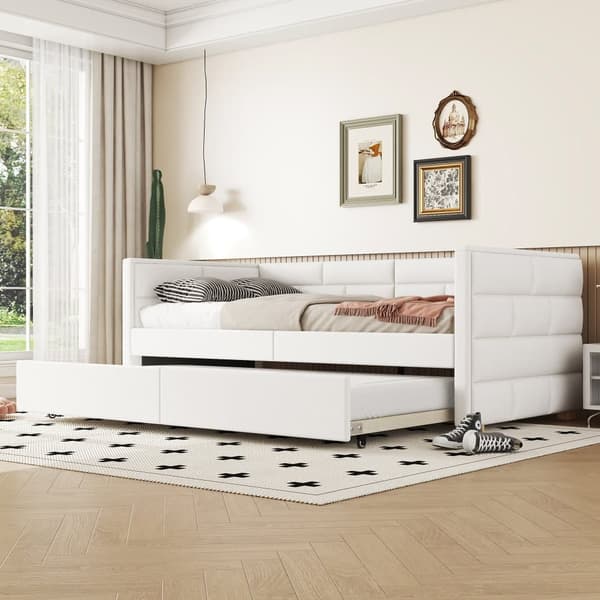 Bankettsäng med utdragbar säng 90x190/200cm - tillverkad av linnetyg - Beige