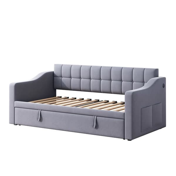 Bäddsoffa 90/180x190 cm - Sammetsklädsel - Med lamellram - Med förvaringsskydd - Färg grå (utan madrass)
