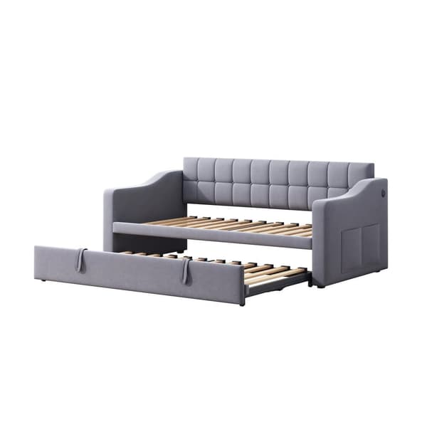 Bäddsoffa 90/180x190 cm - Sammetsklädsel - Med lamellram - Med förvaringsskydd - Färg grå (utan madrass)