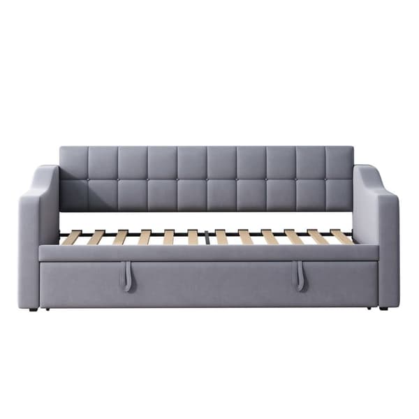 Bäddsoffa 90/180x190 cm - Sammetsklädsel - Med lamellram - Med förvaringsskydd - Färg grå (utan madrass)