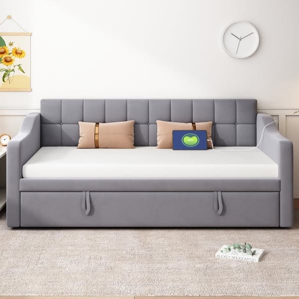 Bäddsoffa 90/180x190 cm - Sammetsklädsel - Med lamellram - Med förvaringsskydd - Färg grå (utan madrass)